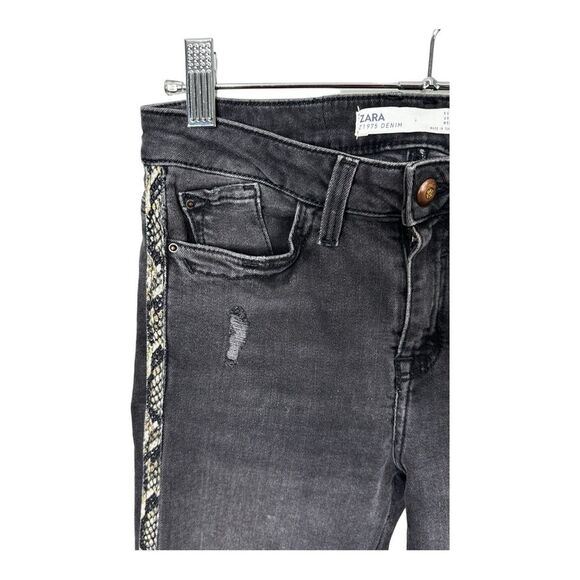 Zara 1975 denim black ripped jeans faux snakeskin side accents size 2 - Picture 6 of 10